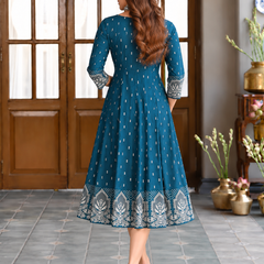 Largish Rayon Pigment Print Sky Blue Anarkali Full Maxi Dress