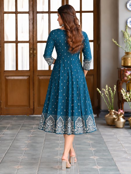 Largish Rayon Pigment Print Teal Blue Anarkali Full Maxi Dress