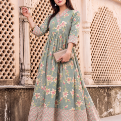 Largish Light Green Cotton Lurex Floral Print Gown