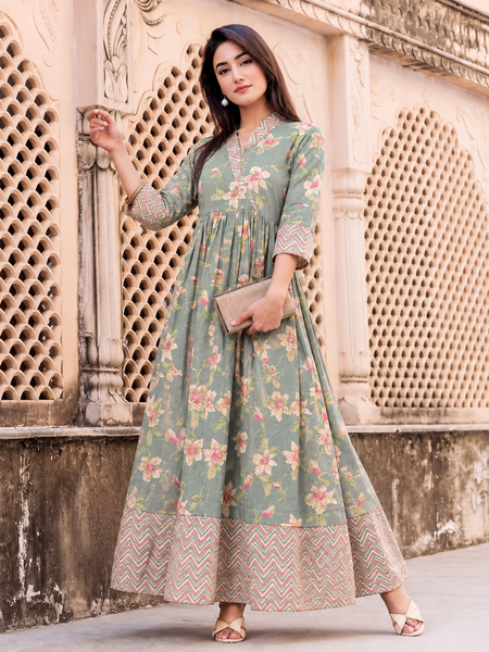 Largish Light Green Cotton Lurex Floral Print Gown