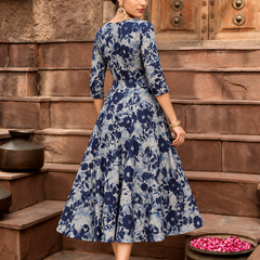 Largish Women's Blue Printed Cotton Umbrella Cut Flared Dress
