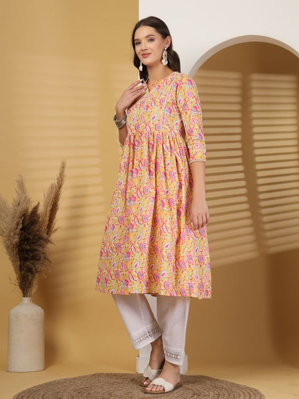 Largish Cotton Yellow Floral Print Kurta
