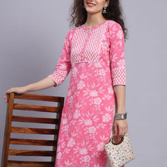 Largish Pink Floral Print Straight Kurta