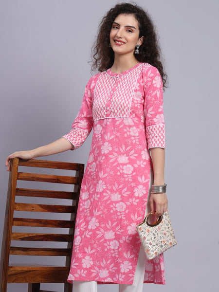 Largish Pink Floral Print Straight Kurta