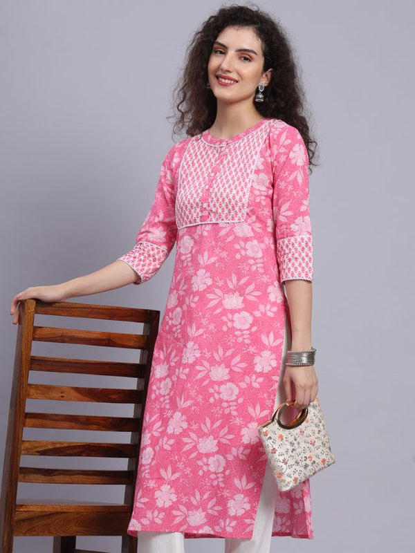 Largish Pink Floral Print Straight Kurta