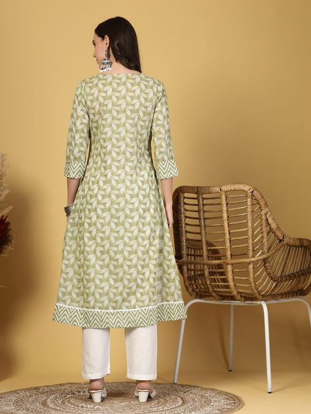 Largish Women's Light Green Floral Print Cotton A-Line Kurta
