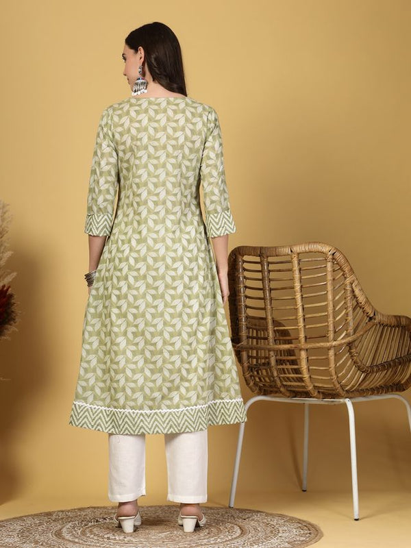 Largish Women's Light Green Floral Print Cotton A-Line Kurta