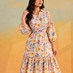 Largish Off White Cotton Floral Print Tiered and Flared A-line Dress