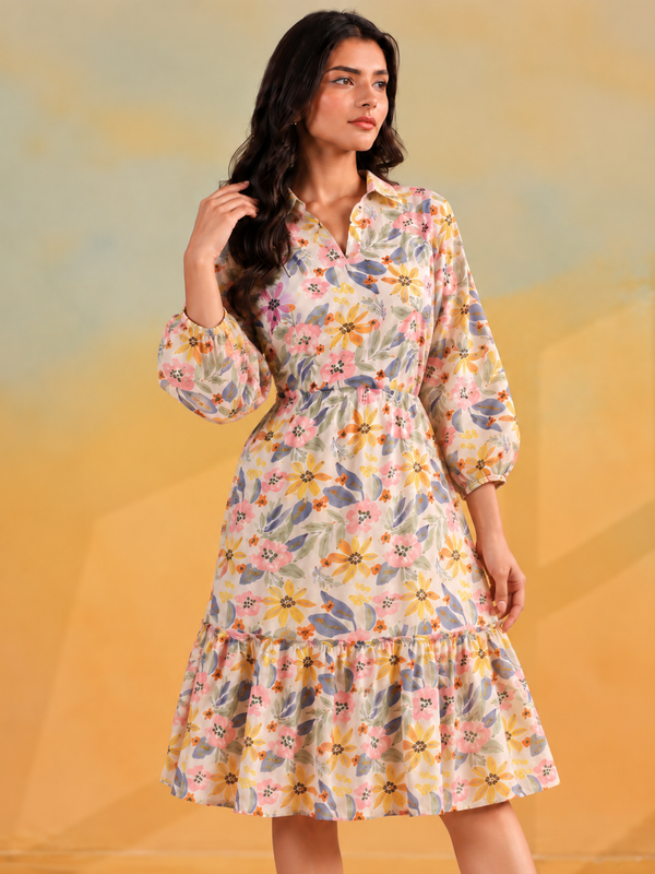 Largish Off White Cotton Floral Print Tiered and Flared A-line Dress