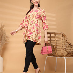 Largish Beige Floral Printed Kurta for Women