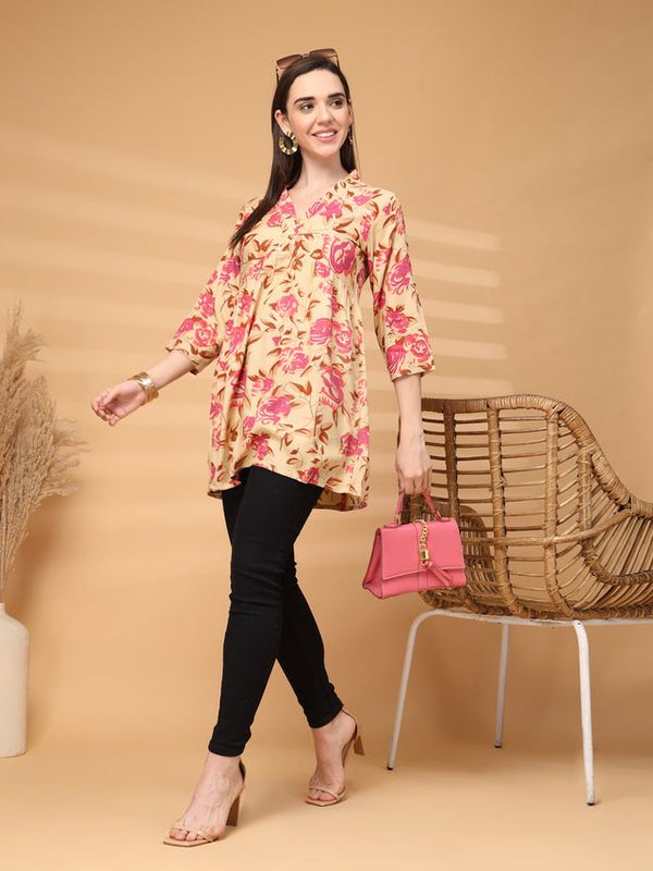 Largish Beige Floral Printed Kurta for Women
