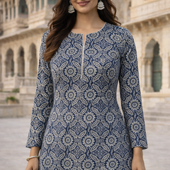 Largish Cotton Navy Blue Floral Printed Anarkali Kurta with White Contrast Piping