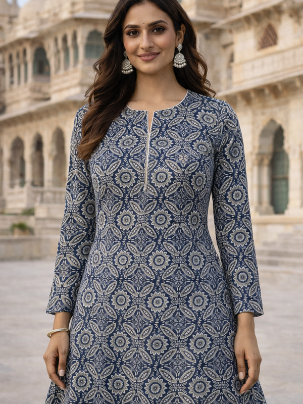 Largish Cotton Navy Blue Floral Printed Anarkali Kurta with White Contrast Piping