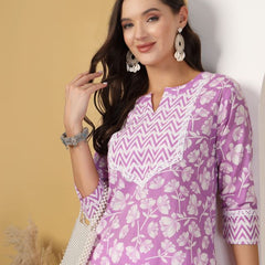 Largish Lavender Blossom Printed Cotton Kurta with Chevron Yoke
