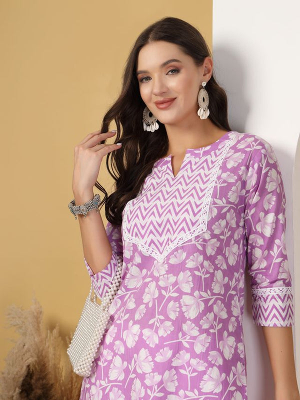 Largish Lavender Blossom Printed Cotton Kurta with Chevron Yoke