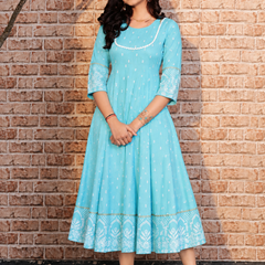 Largish Rayon Pigment Print Sky Blue Anarkali Full Maxi Dress