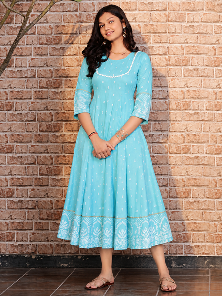 Largish Rayon Pigment Print Sky Blue Anarkali Full Maxi Dress