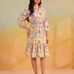 Largish Off White Cotton Floral Print Tiered and Flared A-line Dress