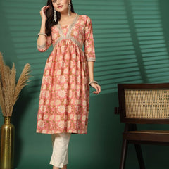 Largish Women's Peach Floral Print Cotton Naira Cut Kurta