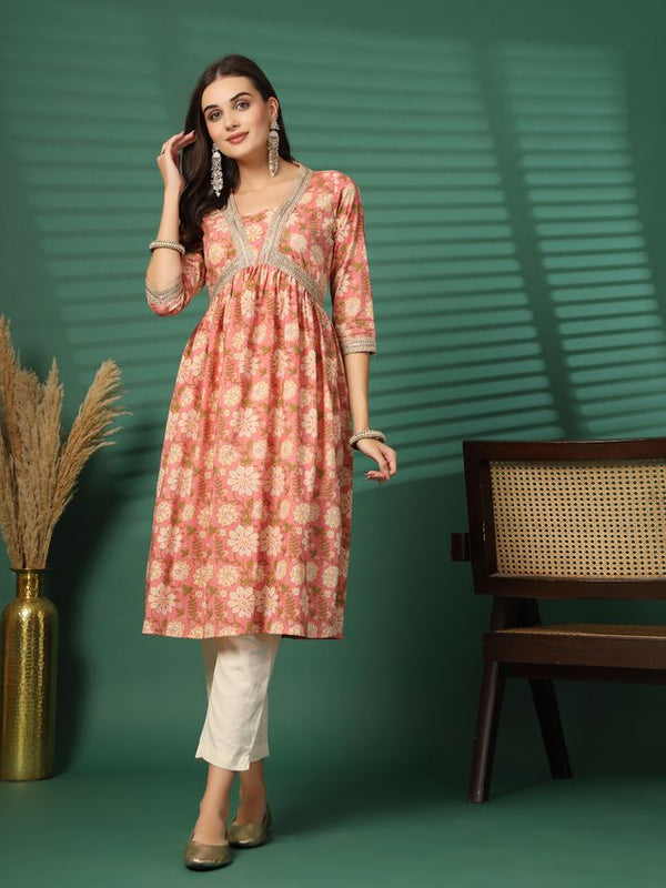 Largish Women's Peach Floral Print Cotton Naira Cut Kurta