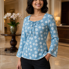 Gen Z inspired Powder Blue floral bell sleeve fitted Kurti with square neck and lace trim.