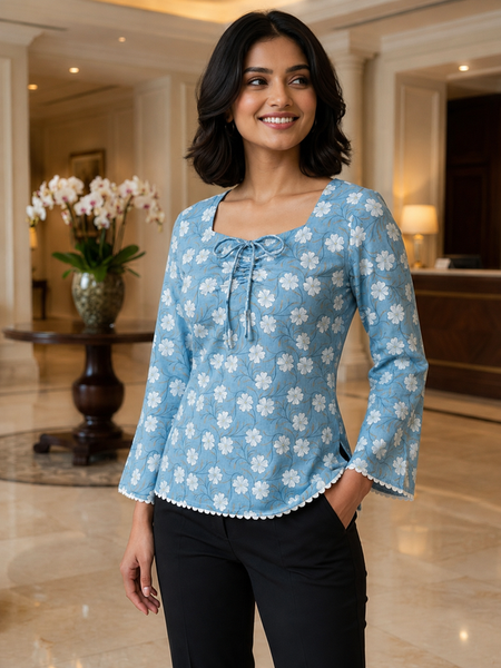 Gen Z inspired Powder Blue floral bell sleeve fitted Kurti with square neck and lace trim.
