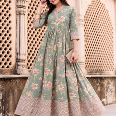 Largish Light Green Cotton Lurex Floral Print Gown