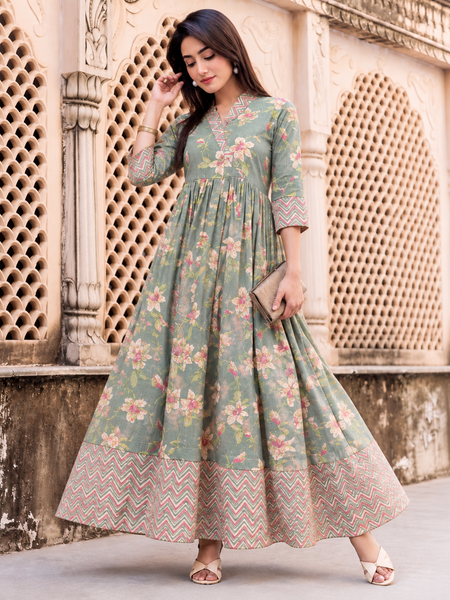 Largish Light Green Cotton Lurex Floral Print Gown
