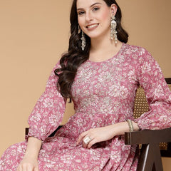 Largish Cotton Pink Floral Foil Print, Embroidered Dress