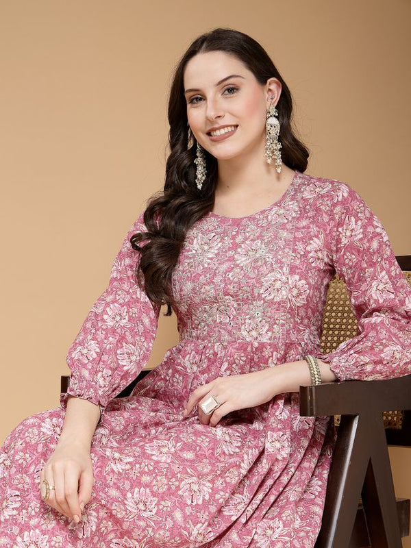 Largish Cotton Pink Floral Foil Print, Embroidered Dress
