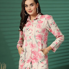 Largish Women's Pink Floral Print Cotton Flex Co-Ord Set