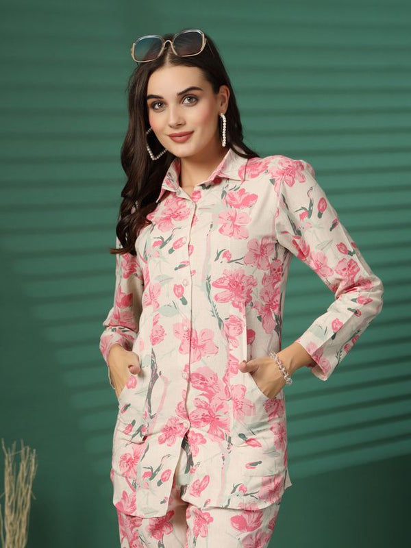 Largish Women's Pink Floral Print Cotton Flex Co-Ord Set