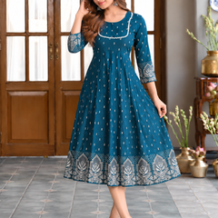 Largish Rayon Pigment Print Sky Blue Anarkali Full Maxi Dress