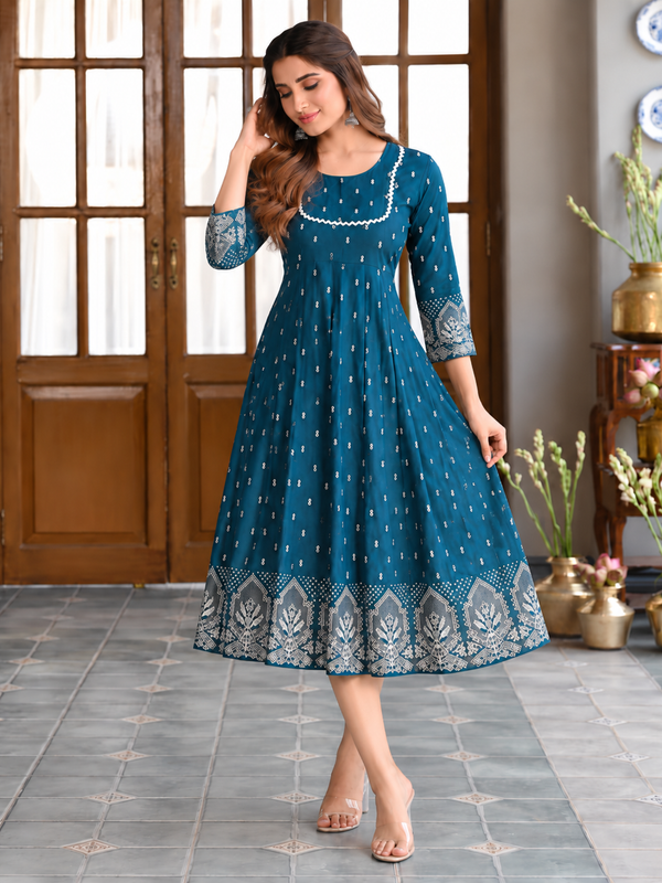Largish Rayon Pigment Print Sky Blue Anarkali Full Maxi Dress
