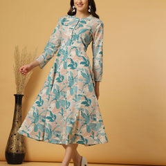 Largish Women's Green Printed Cotton Anarkali Flared Dress