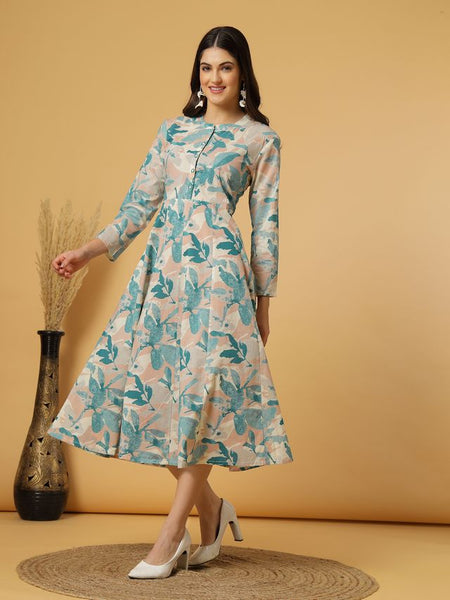 Largish Women's Green Printed Cotton Anarkali Flared Dress