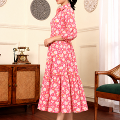 Largish Off White Cotton Floral Print Tiered and Flared A-line Dress