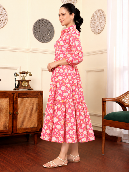 Largish Cotton Floral Print Tiered and Flared A-line Dress