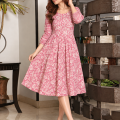 Largish Cotton Pink Floral Foil Print, Embroidered Dress
