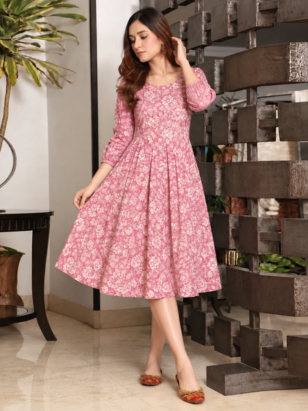 Largish Cotton Pink Floral Foil Print, Embroidered Dress
