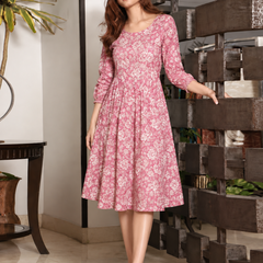 Largish Cotton Pink Floral Foil Print, Embroidered Dress