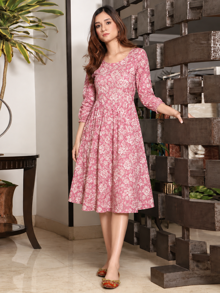 Largish Cotton Pink Floral Foil Print, Embroidered Dress
