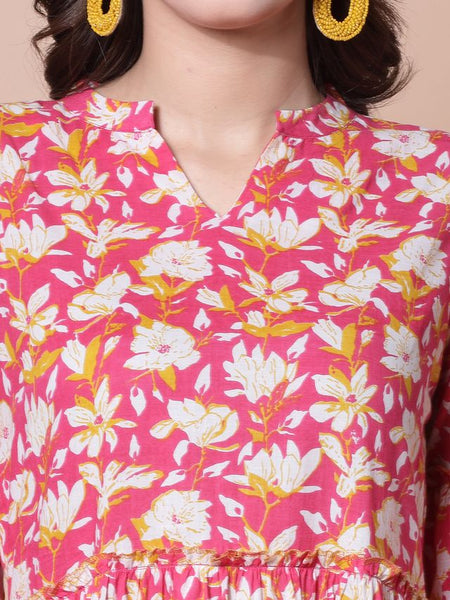 Largish Cotton Floral Print Tiered and Flared A-line Dress