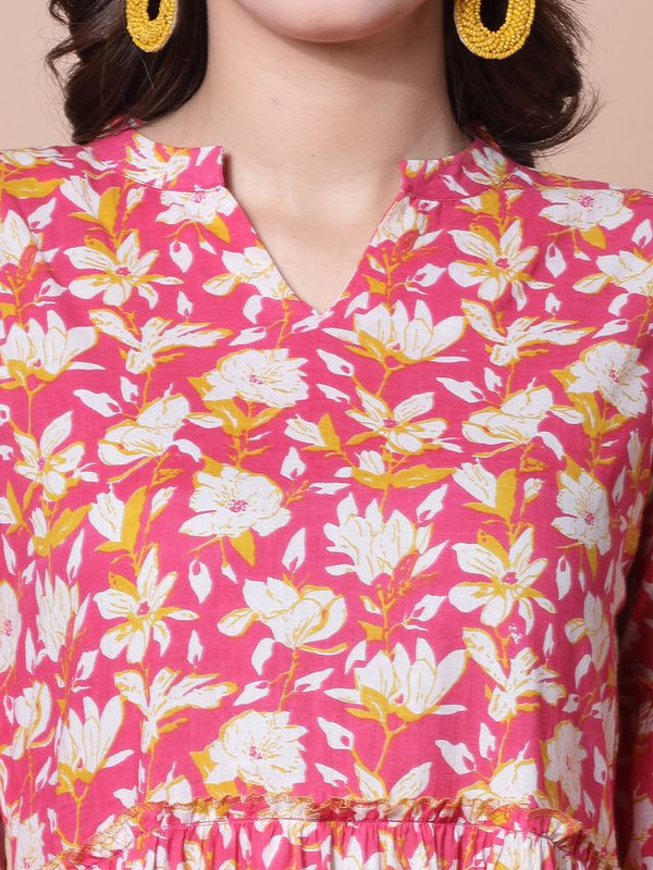 Largish Cotton Floral Print Tiered and Flared A-line Dress