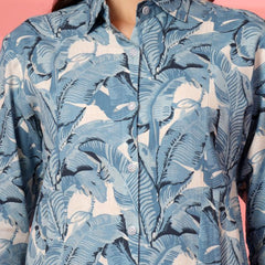 Largish Women's Blue Leaf Print Cotton Flex Co-Ord Set