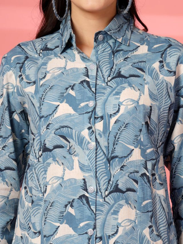 Largish Women's Blue Leaf Print Cotton Flex Co-Ord Set