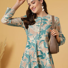 Largish Women's Green Printed Cotton Anarkali Flared Dress