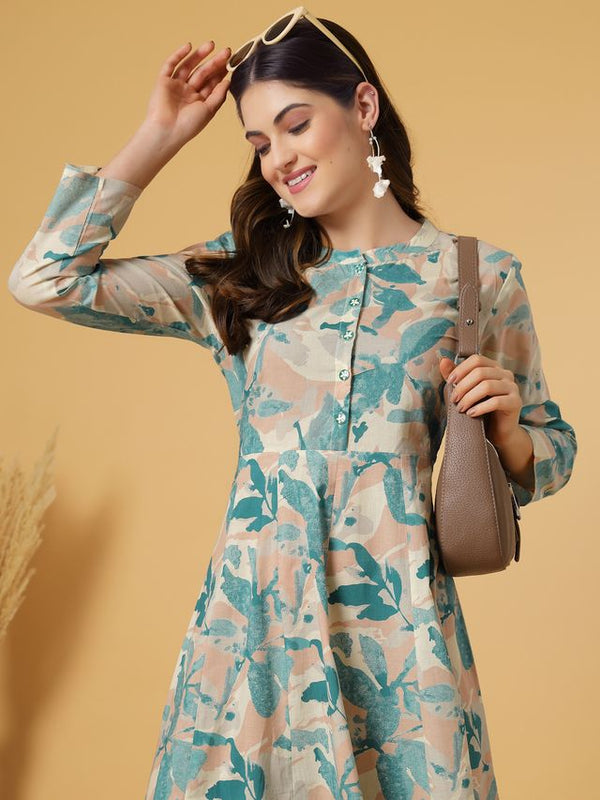 Largish Women's Green Printed Cotton Anarkali Flared Dress