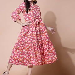Largish Cotton Floral Print Tiered and Flared A-line Dress