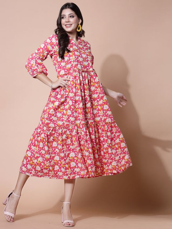 Largish Cotton Floral Print Tiered and Flared A-line Dress